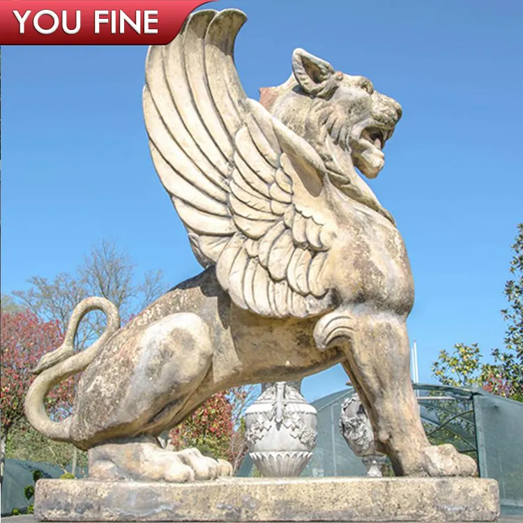 Al aire libre de gran Natural tallado mano de animales de piedra estatua de vuelo alado León escultura de mármol