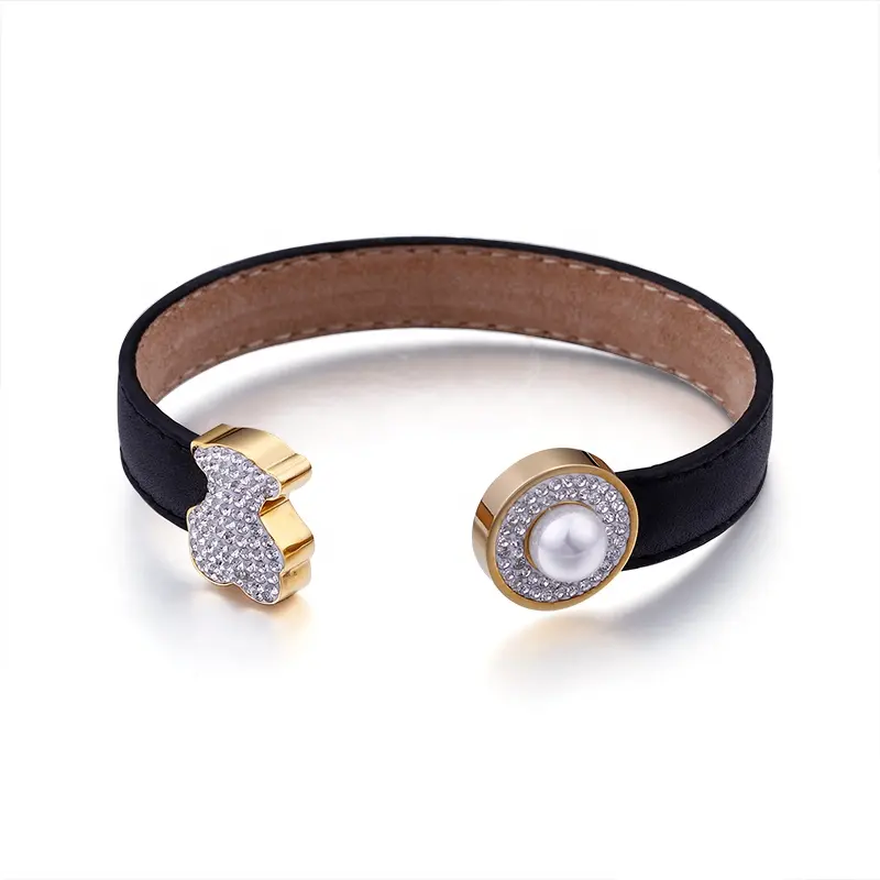 Großhandel Frauen Schmuck Bär Design Schwarz Leder Diamant und Perle Manschette Armband