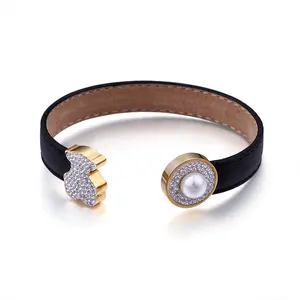 Pulseira de urso para mulheres, joias design de urso pulseira de couro preto diamante e pérola