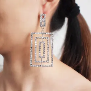 HANSIDON Luxury Square Statement Earrings For Women Trendy Geometric Rhinestone Big Earrings Pendants Fashion Costume Jewelry