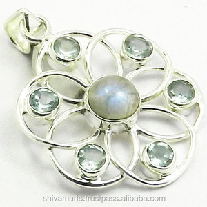 Vintagy élégant 925 argent bleu topaze pierre précieuse fleur pendentif nouveau Design fait à la main bijoux fins avec plaqué or Style Vintage - Product Image 2