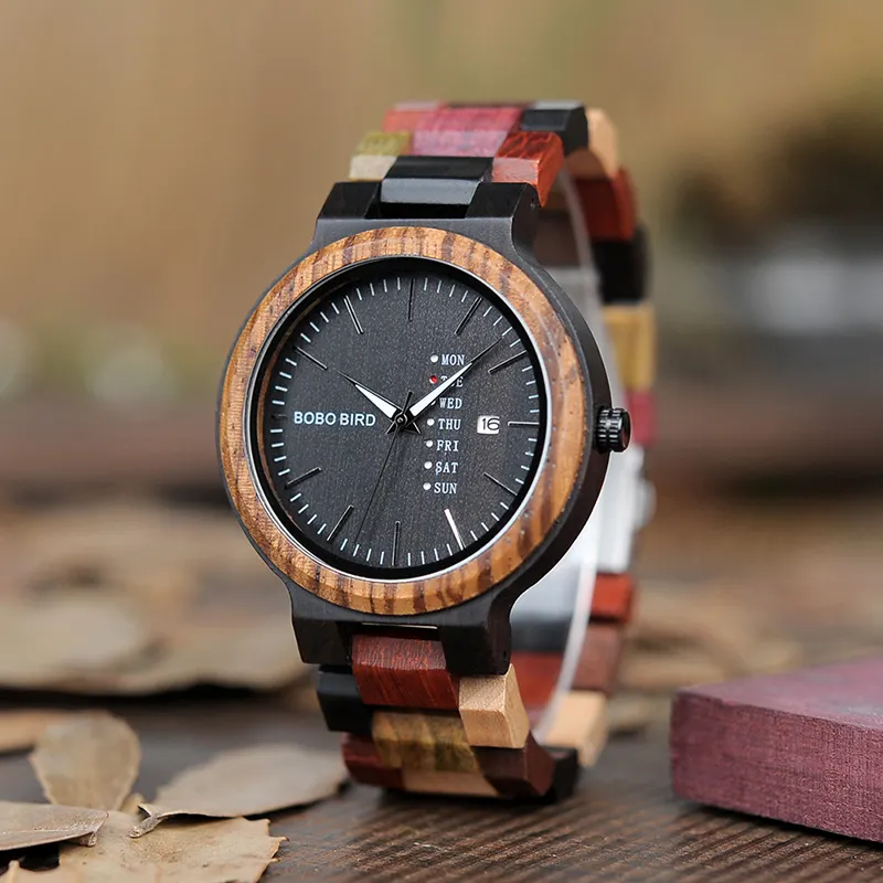 bobobird handmade wooden week watch simple calendar mens wristwatch with colorful wooden strap dropshipping customized