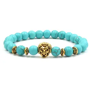 Elastische Natuursteen Armband & Bangle met Turquoise Boeddha Leeuw Uil Helm Fatima Hand Kralen Armbanden Mannen pulseira feminina