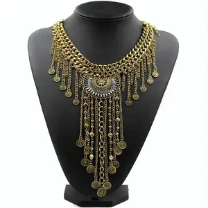 NH0338 Bohemian exaggerated tassels antique golden or silver chain necklace