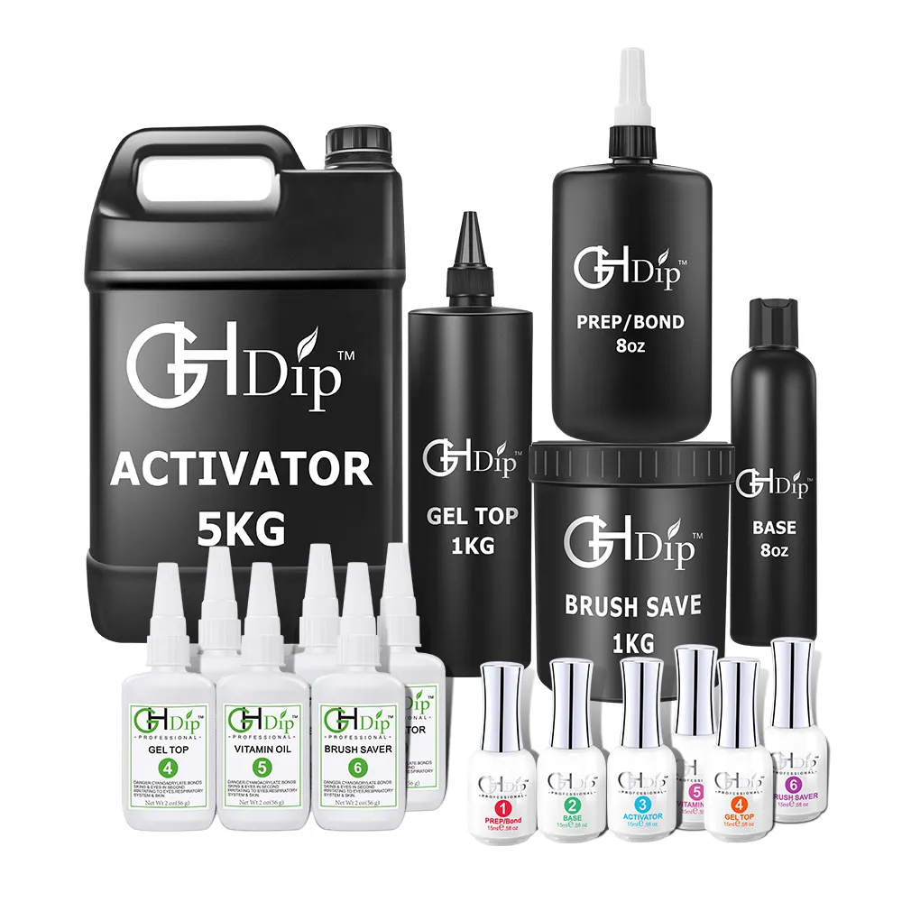 Venta al por mayor de uñas pegamento activador prepara/bond gel top vitamina aceite cepillo protector de base de inmersión polvo sistema líquido