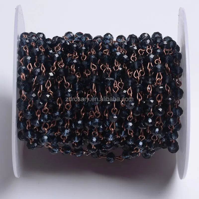 Venta caliente antiguo alambre de cobre envuelto las cadenas perlas facetadas de tinta de vidrio azul 4*6mm cuentas de Rosario Cadena de