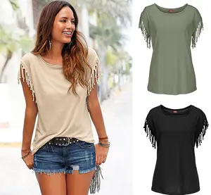 Women Cotton Tassel Casual T-shirt Sleeveless Solid Color Tees Short Sleeve O-neck Women Plus Size Blouse T Shirt
