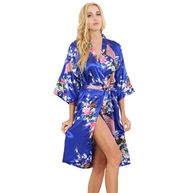 Camisola kimono feminina de seda, decote em v profundo, sexy, vestido de banho de cetim, roupões de dormir, feminino, pijamas de seda