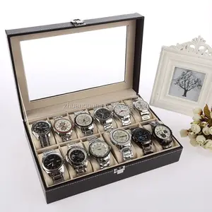 Beliebte 12-Slot Glas-Oberteil Herren Leder schwarz Kunststoff-Display Armbanduhr Aufbewahrung Sammlung Schaukasten Box