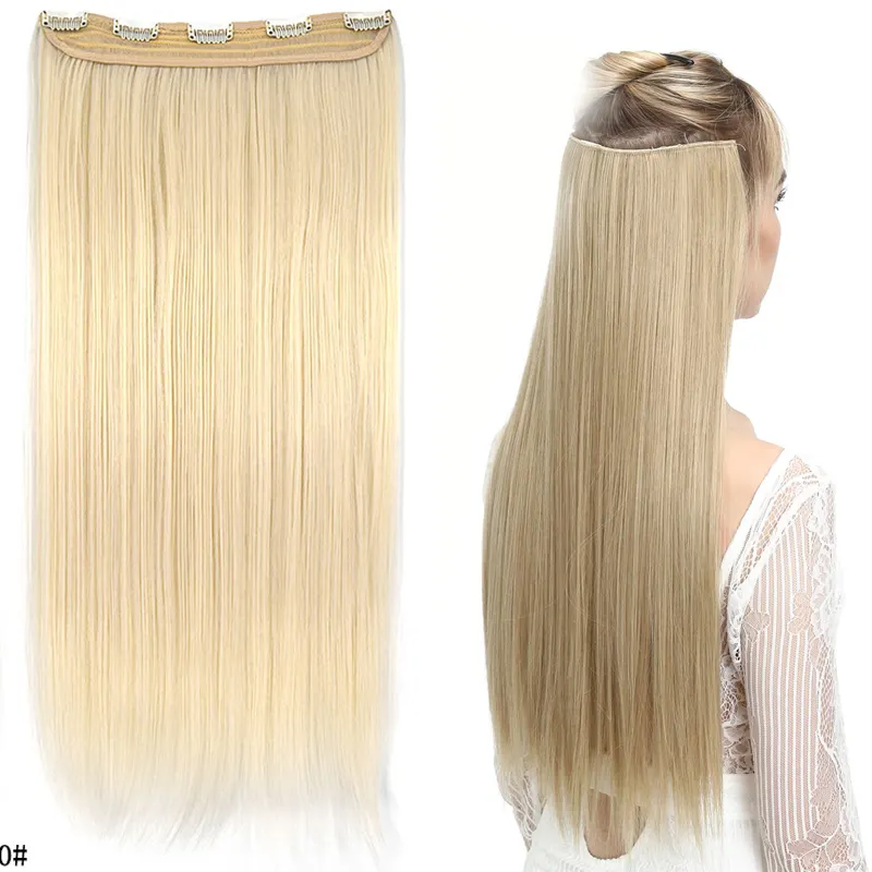 Extensiones de cabello de cabeza completa para mujer, cabello largo liso de 24 pulgadas, con Clip de una pieza, 5 pinzas en el pelo sintético