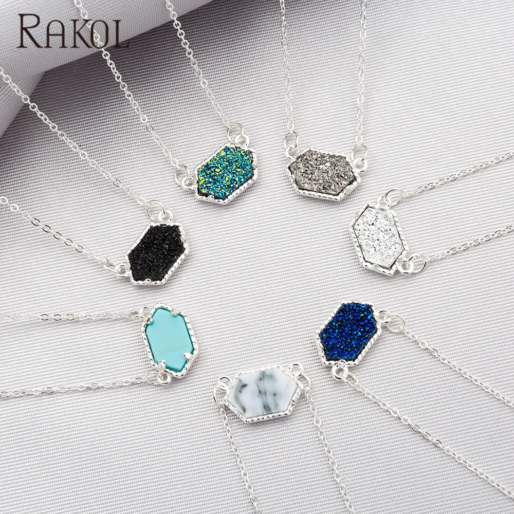 RAKOL NN036 Mulheres Jóias De Pedra Natural Colar de Pingente Druzy Cristal Ouro/Prata Banhado Bar Pingente de Jóias