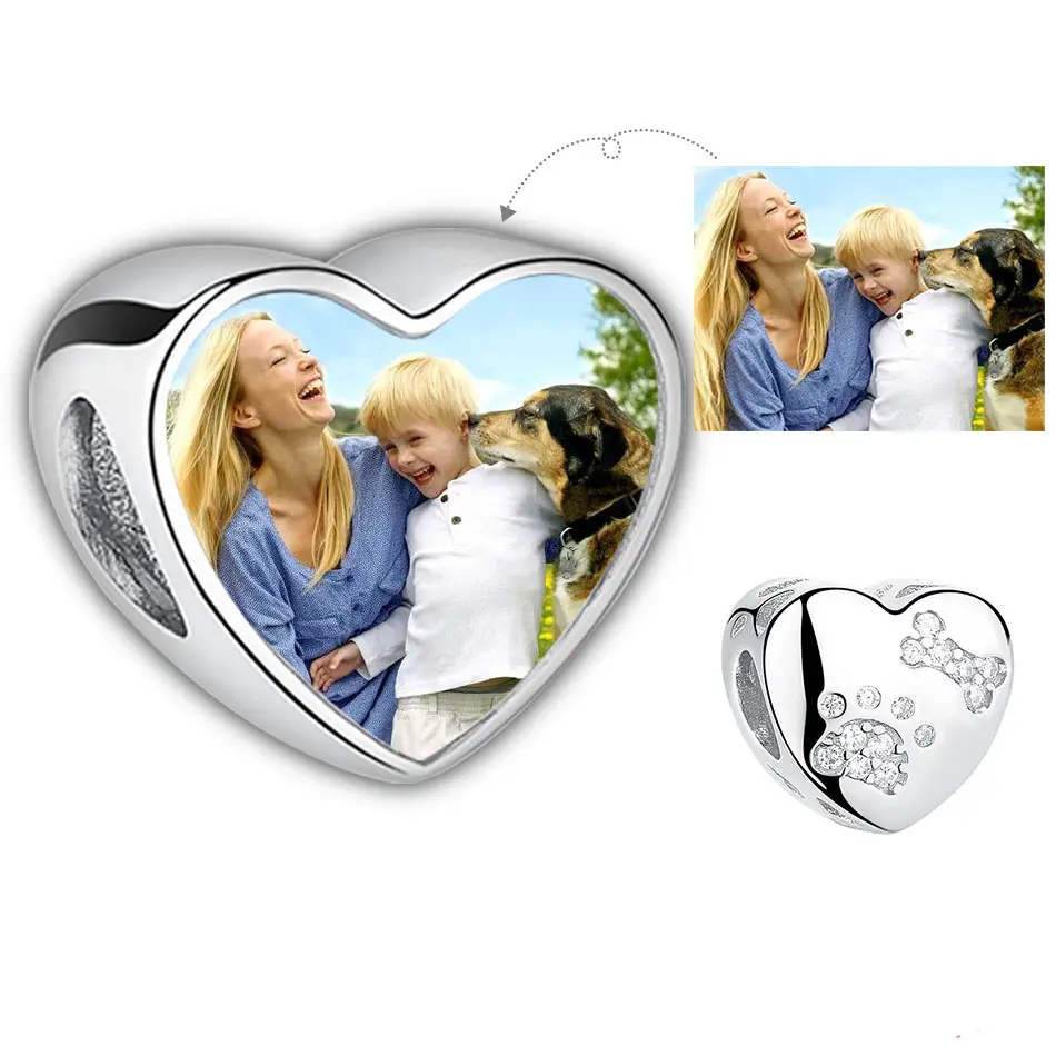 Abalorios de plata de ley 925 con diseño de pata de Mascota, corazón, foto personalizada, cuentas de cristal, pulsera, collar, joyería personalizada DIY