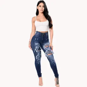 Pabrik Grosir Celana Jeans Denim Sobek Super Skinny Ketat Biru Tua Celana Ketat Wanita Pinggang Tinggi Rusak