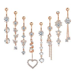 Bộ 8 14g 316L thép không gỉ <span class=keywords><strong>dangle</strong></span> rốn rốn Vòng rõ ràng Zircon Inlay cơ thể piercing đồ trang sức cho phụ nữ của đám cưới - Product Image 1