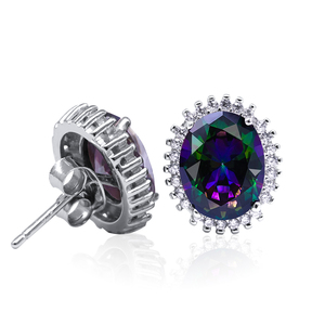 Boucles d'oreilles POLIVA Princesse Diana <span class=keywords><strong>William</strong></span> Kate Engagement Oval Created Blue Sapphire White CZ Hola Cluster Argent 925 - Product Image 5