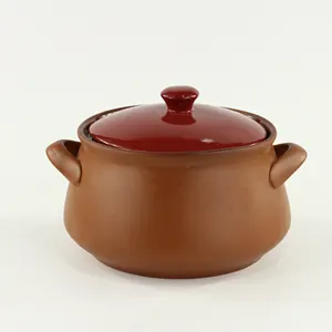 Handmade Clay Low Pot for Cooking with Lid, Unglazed Terracotta