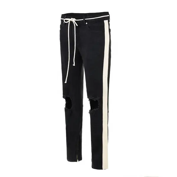 אופנה שחור סקיני ג 'ינס עם תחרה חגורת קישוט צד רצועת מכנסי עיפרון ripped גברים