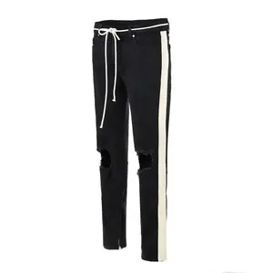 Fashion black skinny jeans with lace belt decoration side strip pencil pants ripped jeans men