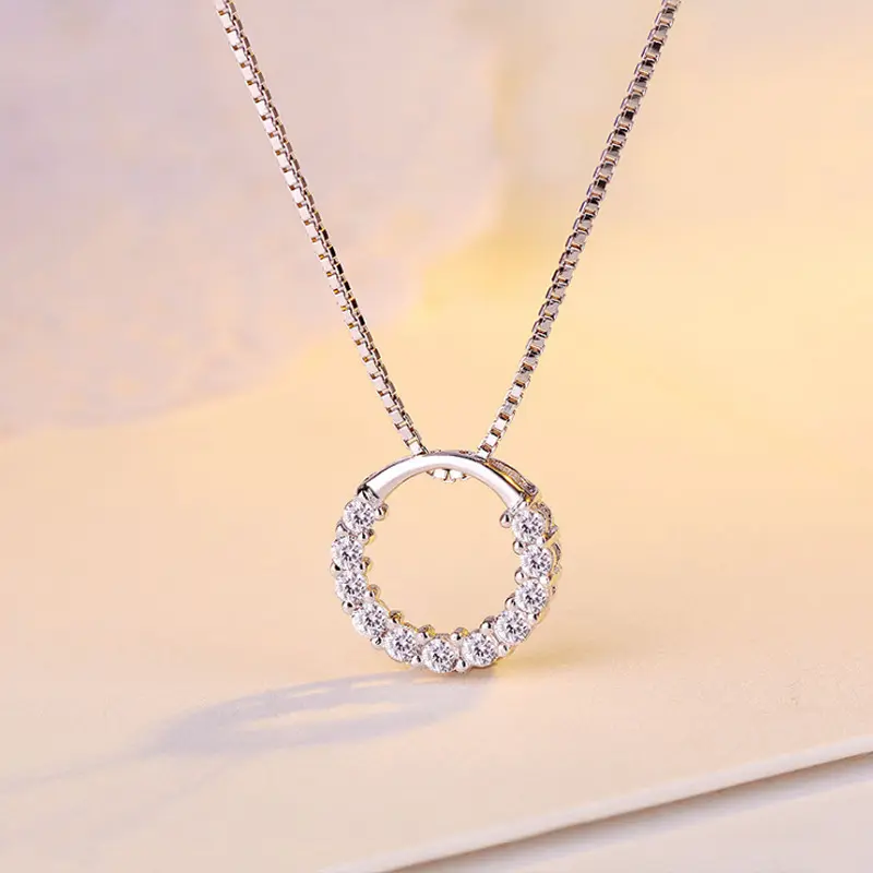 New Fashion Jewelry 925 Sterling Silver Circle Pendant Necklace Geometric Cubic Zirconia Hollow Ring Pendant Necklace For Women