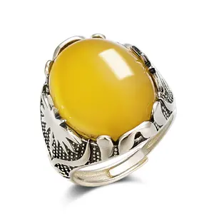 Cincin Perhiasan Perak Desain Dapat Diubah Ukuran Thailand Pria dengan Onyx Kuning