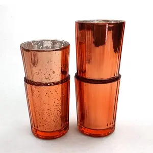 Gran oferta de portavelas de cristal votivo a rayas, portavelas votivo de cristal rojo de oro rosa de mercurio