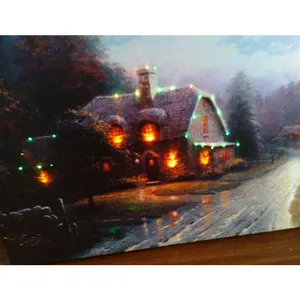 Toile de peinture avec lumière led, image murale de village de neige, vente en gros, pouces