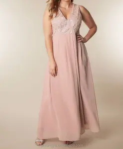 Phụ nữ Cộng Với Kích Thước Tay Blush Pink Chiffon Maxi Dress Với Ren Overlay Vạt Áo
