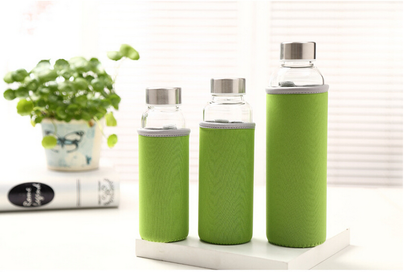 Haonai 18 oz Reusable Glass Water Bottle with Nylon Protective Sleeve and Carrying Loop,Stainless Steel lid