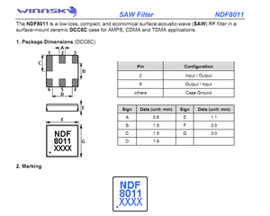 881,5 MHz 6 Pin smd saw filter for AMPS, CDMA and TDMA Applications - Product Image 2