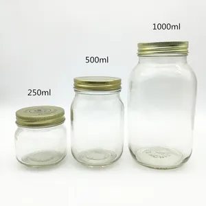 Cấp Thực Phẩm Xuất Khẩu 250Ml 500Ml 1000Ml Thủy Tinh Tròn Mason Jar Mật Ong Jar Với Kim Loại Nắp