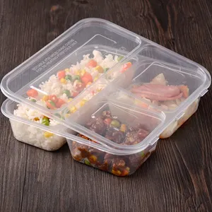 Kotak Makan Siang Plastik Gabungan Tiga Kisi, Nampan Kotak Makan Siang Salad Spageti Nasi Buah Persegi Panjang Sekali Pakai