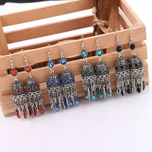 Wholesale Boho Ladies Gypsy Jewelry Women Indian Gold Sliver Metal Big Dangle Long Tassel Jhumka kundan Earrings