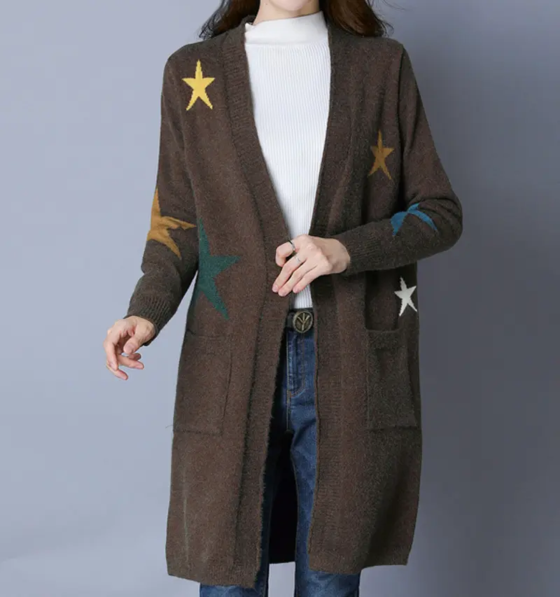 P18B219TR wool cashmere knitted lady star cardigan sweater long coat with pocket