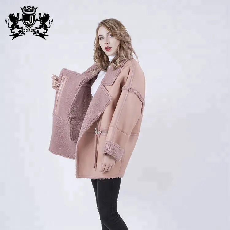 Großhandel rosa langen Stil Wolle Revers Pelzmantel schönen Preis Damen Jacken Mäntel