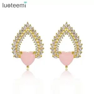 LUOTEEMI Luxury Fashion Heart Shape Stud Earrings CZ Pave Lovely Korea Earring Gift for Girl Wholesale Jewelry