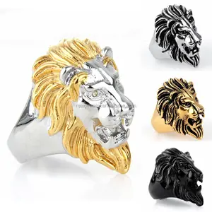 Hewan Stainless Steel Perhiasan Keren Emas Lion Kepala Cincin untuk Pria