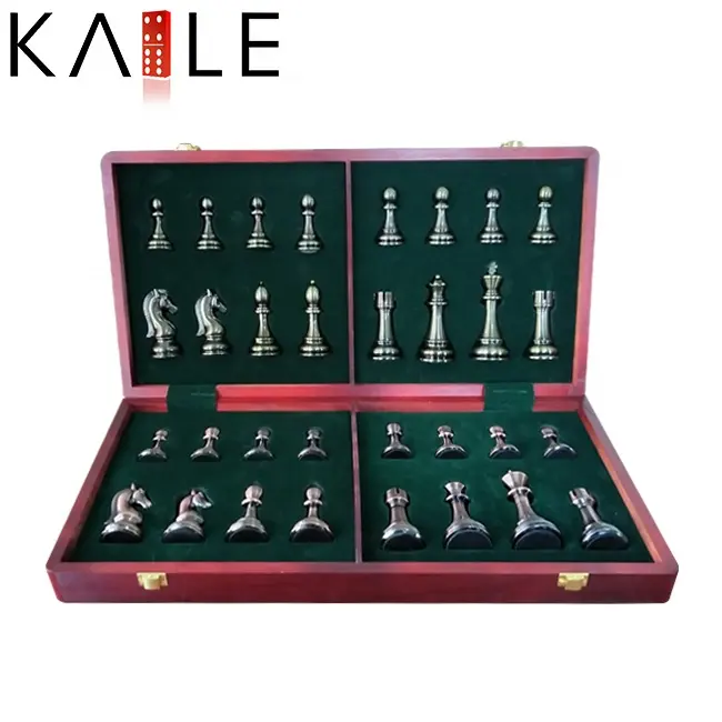 Premium quality luxury metal chess set wooden folding chess board box 11cm king height chess for adult and kids playing games