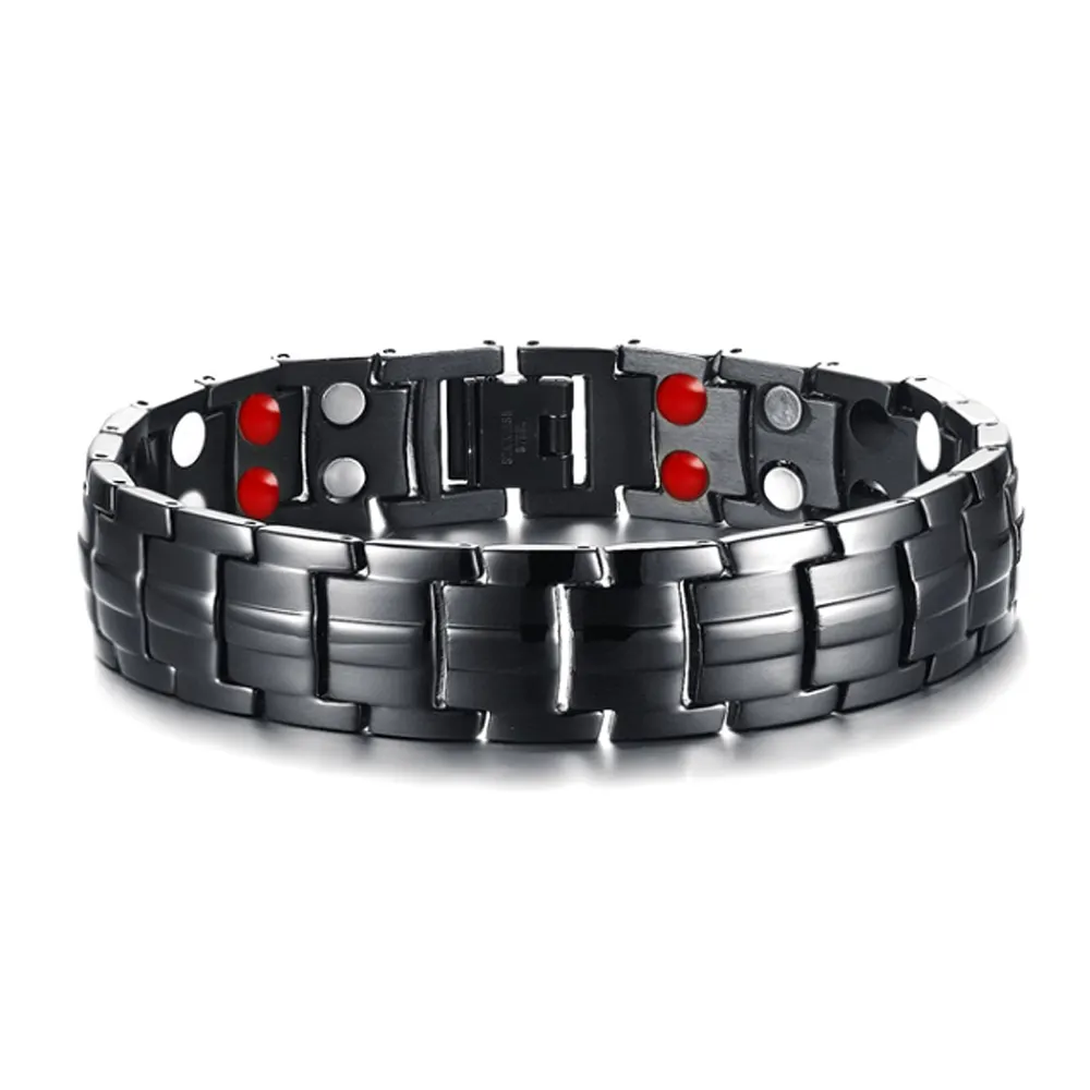 Pulseras y brazaletes de cuentas de germanio de acero inoxidable magnético de Fitness personalizado de moda negra para hombres