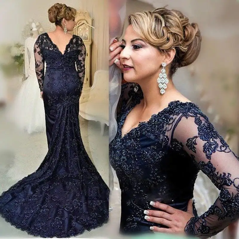 Elegant Navy Blue Lace Mermaid Prom Dresses 2019 Plus Size Formal Dresses Evening Gowns For Women
