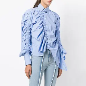 Новый дизайн для женщин морщин Блуза в полоску с принтом в виде совы с длинным рукавом в полоску с оборками на рукавах в стиле «Бохо блузкой дизайны