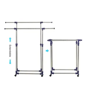 2019 White Clothing Rack Adjustable Rolling Heavy Duty Garment Shoes Rack Double Rail Clothes Stand Organizer Rack with Wheels