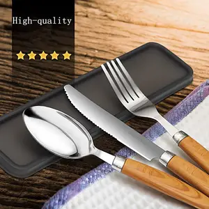 3PCS Portable Stainless Steel Travel Cutlery SetとCase、Eco-Friendly Wooden Handle Cutlery、Flatware SetとCase