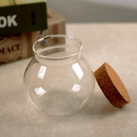 Round Insulated borosilicate glass storage jar with wooden bamboo lid