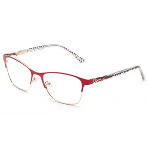 女性の光学メガネ2020ラインストーンの装飾透明なテンプルレッドメタル眼鏡フレーム女性のルネットデビューファム