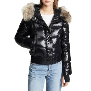 सर्दियों फर चमक vinyl लंबे कश आस्तीन कोट महिलाओं के नीचे puffer जैकेट