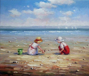 Peinture à <span class=keywords><strong>l</strong></span>'huile d'un petit garçon ou une petite fille, jouer sur la plage sous le ciel bleu, pour enfants, peinture à <span class=keywords><strong>l</strong></span>'huile - Product Image 1
