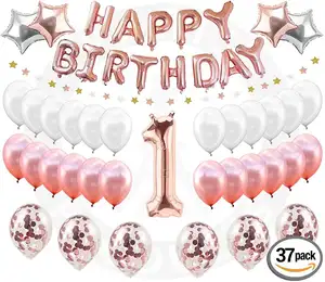 37 PCS गुलाब सोना पहला जन्मदिन पार्टी सजावट स्वीट हार्ट एक जन्मदिन मुबारक गुब्बारे बैनर सही 1st पार्टी सजावट की आपूर्ति