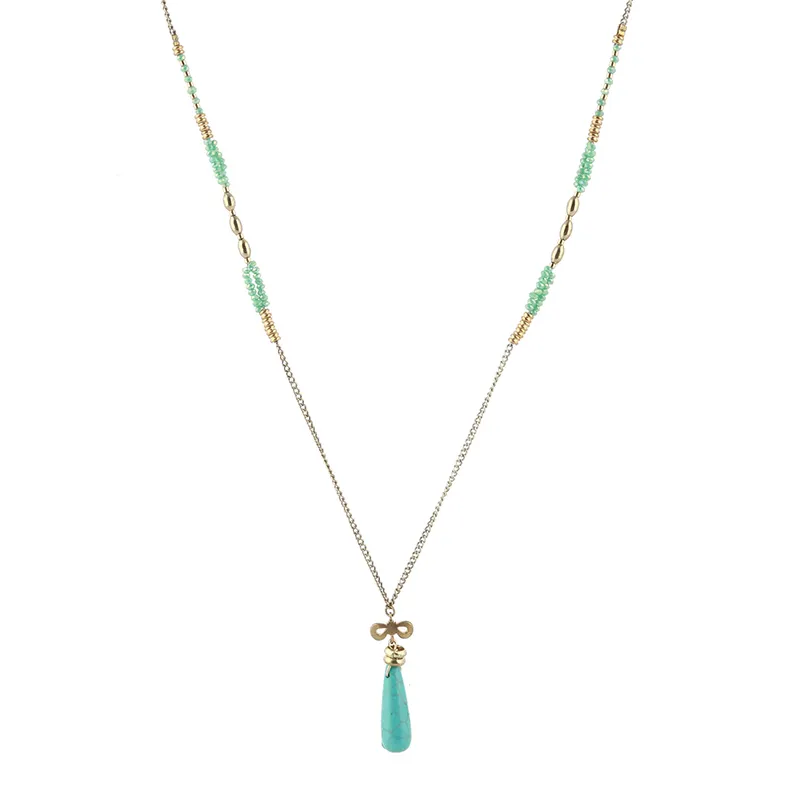Fashion gold Long chain necklace for women natural stone turquoise pendant necklace with bowknot wholesale handmade jewelry