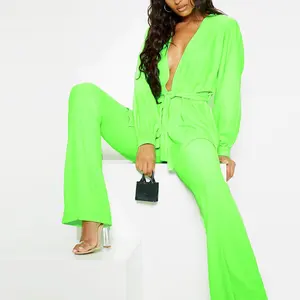 2020 नीयन हरे रंग की चूना दो टुकड़ा सेट V गर्दन बज रंगीन जाकेट देवियों भड़क पैंट महिला