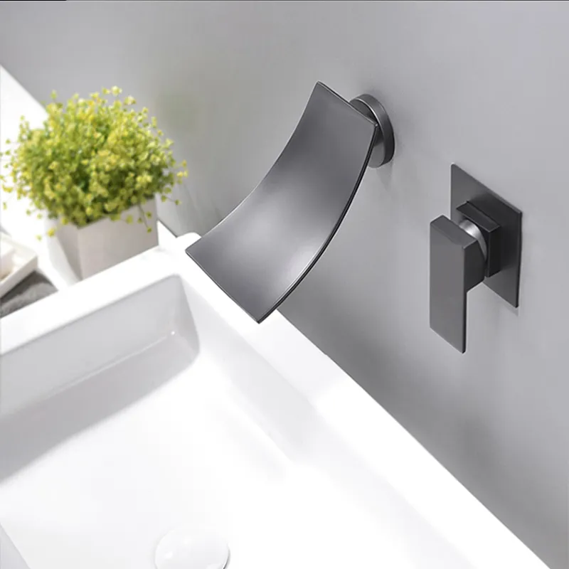 Wholesale and Retail Wall Mounted Waterfall Bathroom Faucet Chrome Brass Spout Vanity Sink MixerTap Single Handle Hot Cold Water